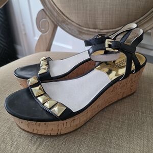 NWOT MICHAEL Michael Kors PERSIA Black Leather Cork Wedge Sandals Gold Studs 8M